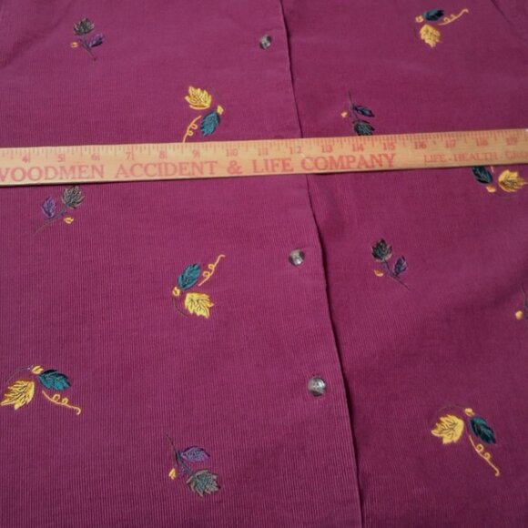 Bobbie Brooks Shirt XL Button Up Embroidered Leaf Leaves Maroon Corduroy Nature - Picture 3 of 10